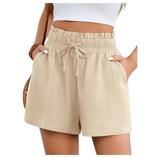 PASUDA Short Femme Ete Lin Shorts Taille Haute Elastique Short Bermudas Sport Baggy Décontracté Pantalon Court avec Cordon et Poches (Beige, M)