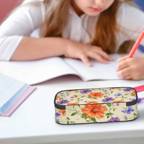 Image of Flower Pencil Case Purple Orange Tropical Flower Watercolor Pencil Bag Pen Markers Pouch Holder Organizer for Boy Girl School Students