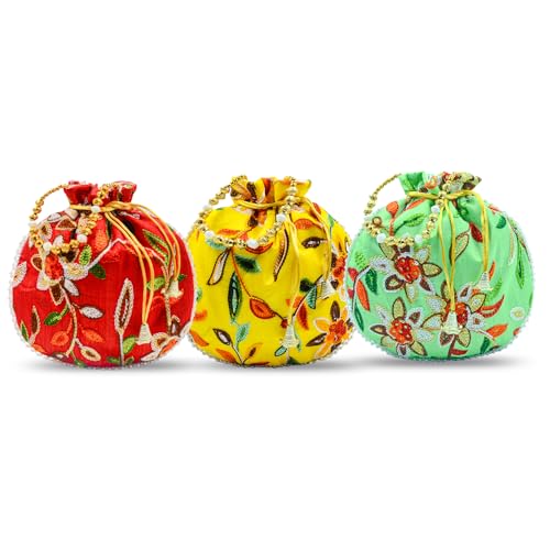 Image of Women Potli Bags | Zari Embroidered Silk With Drawstring | Traditional Return Gifts for Mehandi, Haldi, Baby Shower, Wedding, Sangeet, Seemantham