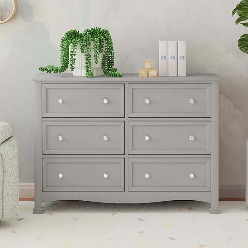 Image of Davinci Kalani 6-Drawer Baby Dresser for Nursery - Wooden Double Chest of Drawers for Kids, Boys and Girls - Multi-Purpose Storage Dresser for Bedroom, Living Room & Hallway - Easy to Assemble - Grey