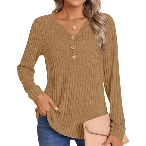 Knit Sweater Women V Neck Button Up Sweaters Jumpers Trendy Tunic Long Sleeve Pullover Tops Comfy Fall Clothes3