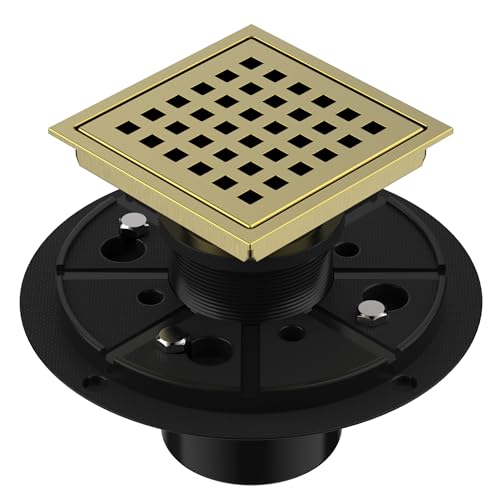 EXF Square Shower Drain 4-3/8 Inch Brushed Gold with ABS Flange