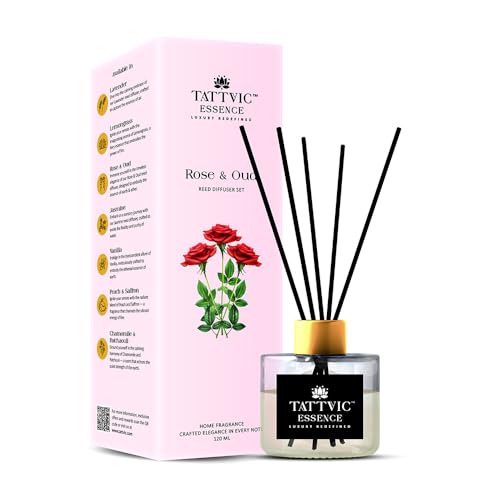 Image of Rose & Oud Reed Diffuser Set by Tattvic Essence | 6 Fiber Reed Sticks Free | Stress Relief & Aromatherapy | Long-Lasting, Smoke-Free Air Freshener for Bedroom & Bathroom | Ideal for Gifting | 120ml