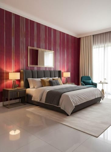 Image of KBR Premium Red Wood Grain Self-Adhesive Wallpaper Roll 45 x 300 cm - Elegant Modern Striped Design Peel & Stick Wall Covering for Home, Kitchen, Cabinets, Stylish Interior Decor
