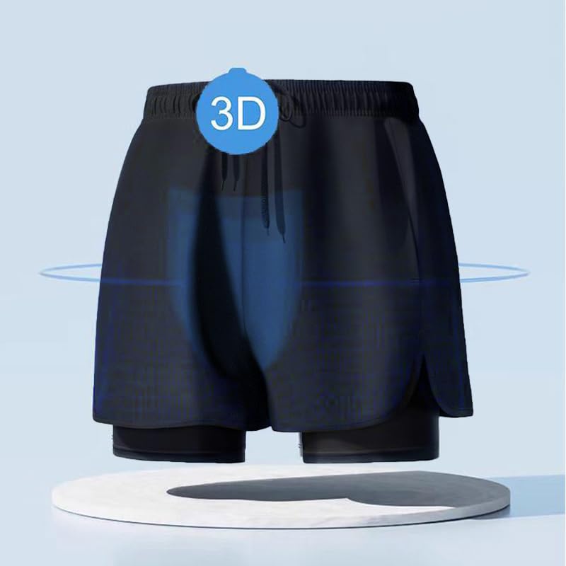 Double Layer Men's Swim Trunks，Running Sports Fitness Beach Trunks，Black2XL2