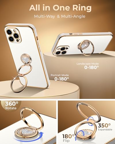 Image of XYZ for iPhone 13 Pro Max Back Cover Case with Ring, Double Ring Holder Stand, Portable Wrist Strap, Luxury Cute Bling Protective Phone Cover Case for iPhone 13 Pro Max, White
