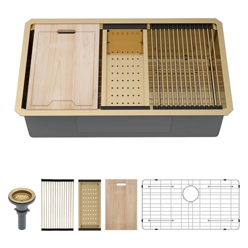 Kichae - Fregadero de cocina bajo encimera dorado de 33 pulgadas x 19 pulgadas, de acero inoxidable, estación de trabajo, calibre 16, cuenco individual, esquina redonda, hecho a mano, con tabla de