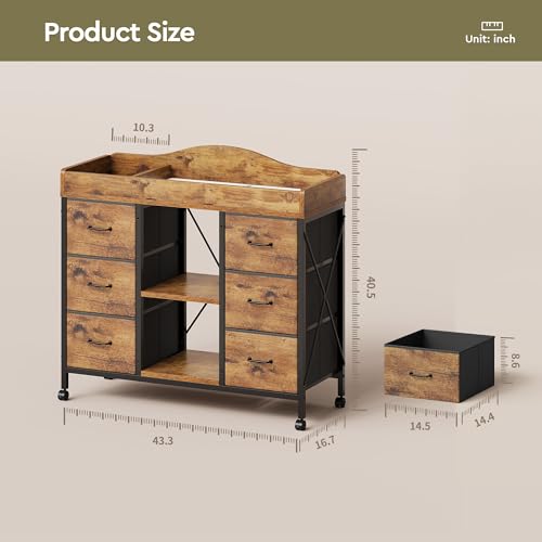 Image of YeTom Changing Table, 6-Drawer Dresser, Adjustable Shelves, Rustic Brown | Changing Table Dresser, Waterproof Diaper pad & Safety Strap, 6 drawers, Adjustable shelves, Mobile Nursery Organizer