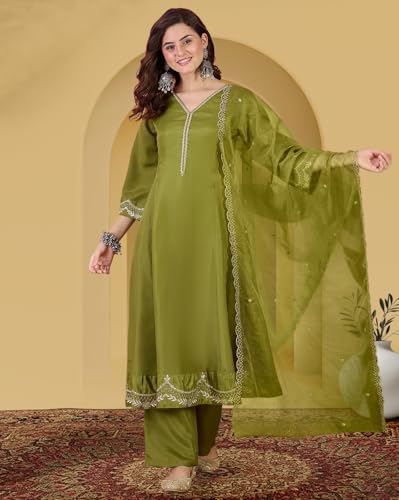 Image of Amazon Brand - Tavasya Women Vichitra Zari Sequence Embroide Kurta with Pant and Dupatta|Kurta Set|Ethnic Wear|Salwar Suit|3 Piece Set