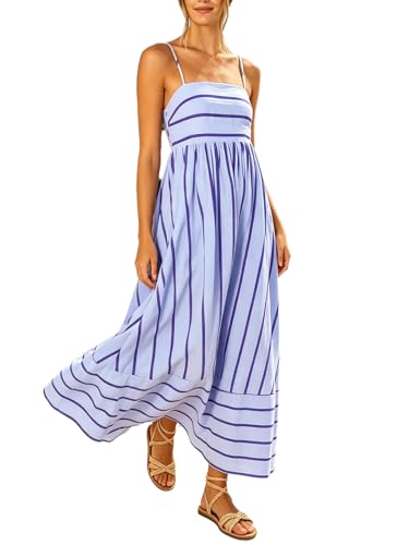 Image of utcoco Womens Summer Striped Back Smocked Maxi Sundresses Spaghetti Strap Cut Out Flowy Swing A Line Long Dress
