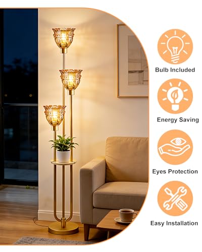 Image of Lightdot Glass Floor Lamp for Living Room Mid Century Modern Gold Floor Lamp with Amber Glass Shade 3000K Bulbs Included Tall Standing Lamp with 5Lbs Heavy Base for Bedroom /Sofa Beside /Corner Decor
