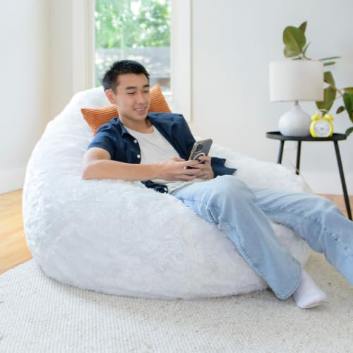 Image of Big Large Teardrop Foam Filled Bean Bag Chair with Removable Cover, Ivory Short Shag, 4 feet Big | Premium Shredded Foam Filled, Short Shag, Adult-Sized Comfortable Seating, Supports Up to 300 lbs, Perfect for Reading Nook