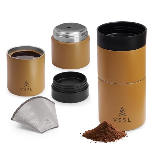 VSSL - Nest Pour Over Coffee Set | Coffee Maker for Camping | All-In-One Travel Pour Over | Transportable Dripper, 10oz Stainless Steel Travel Mug | Compact Storage & Adventure Ready | Sahara
