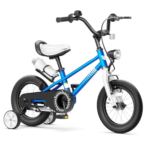 67i Boys Toddler Bike with Training Wheels, 12/14/16 Inch, Adjustable Handlebar & Seat, Bell, Water Bottle Cage, Reflective Stripes & Front Light - Bicycle for Kids 3-8 Years Old (Blue, 12 inch)