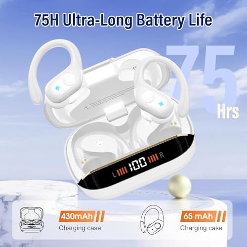 Image of Qecnato Wireless Earbuds Bluetooth 5.4 Headphones 75H Stereo Deep Bass Sports Over Ear Buds with Earhooks, LED Display Bluetooth Earbuds with 4 ENC Mic, IP7 Waterproof Earphone for Running, White