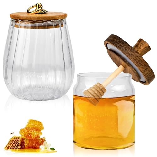 GZCZCC 2 Pcs Tarro de Cristal para Miel 500ml + 550ml Dispensador de Miel Recipiente para Miel de Cristal Tarros de Vidrio con Tapa Hermética Madera y Cuchara para Guardar Miel Mermelada Jarabes
