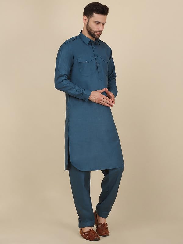 Image of KRAFT INDIA Men's Cotton Pathani Kurta With Drawstring Salwar Set