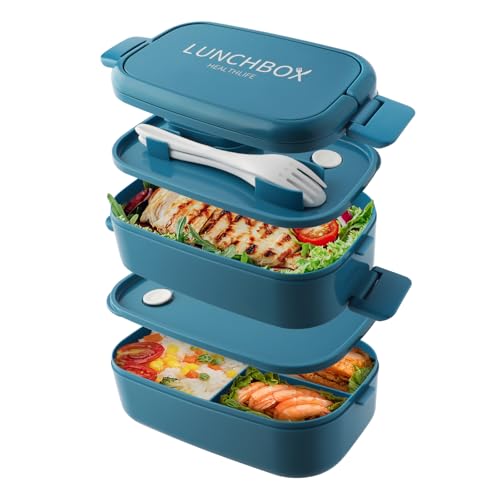Beeptrum Boîte à lunch Bento empilable,Récipients de 1400ml avec 4 compartiments et couverts, boîtes étanches à 2 couches, pour adultes, enfants,...
