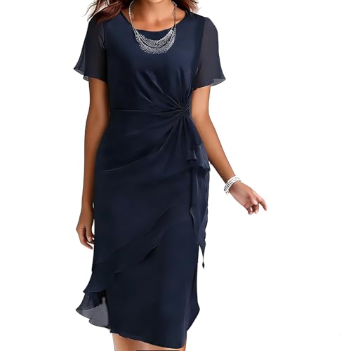 midi dresses for the older woman Womens Flowy Chiffon Tiered Dress Elegant Short Sleeve Wrap High Waisted Knee Length Wedding Guest Lady Dark Blue L at Amazon Women's Clothing store skimming gently over curves Size:0-3 Vintage Clothing 1950's Vintage Klesis
