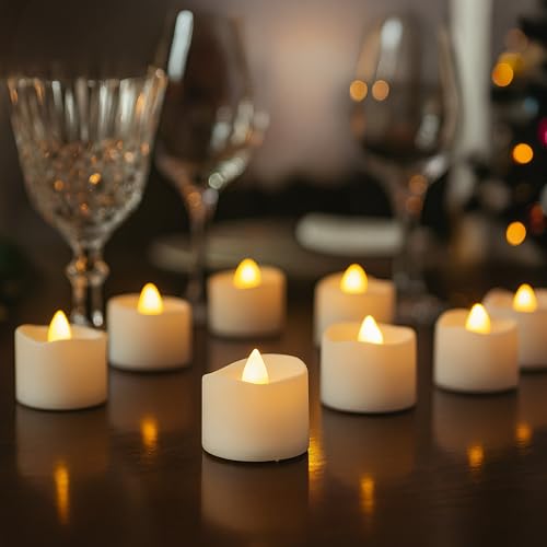 CUQOO Bright Flameless LED Tea Lights – 12 Pack Warm White Flickering Battery Operated Tealights, 100+ Hour Runtime, Safe Fake Candle Lights for Christmas Décor, Parties, Weddings & Home Use