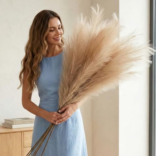 Extra Large Pampas Grass Artificial Fluffy Fake Large Feathers For Floor Vase Decorative Tall Artificial Flowers For Vase Brown Pampas Grass Bedroom Living Room Ornaments 3 stems x 116cm Long