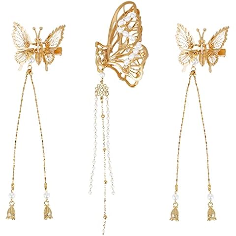 3Pcs IBEQUEM Elegant 3D Butterfly Hair Clips, Gold Metal Moving Wings Butterfly with Tassel Hairpins, Cute Barrettes Pins Antique Side Clip for Women and Girls Bride Wedding Accessories Cover