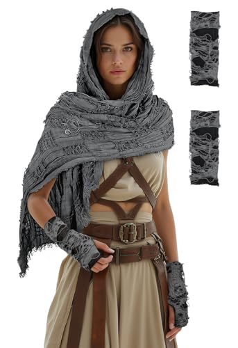 VZQI Desert Costume Desert Wasteland Hooded Shawl Cloak with Brooch - Multipurpose Shoulder Cape for Cosplay & Halloween with Glove Grey