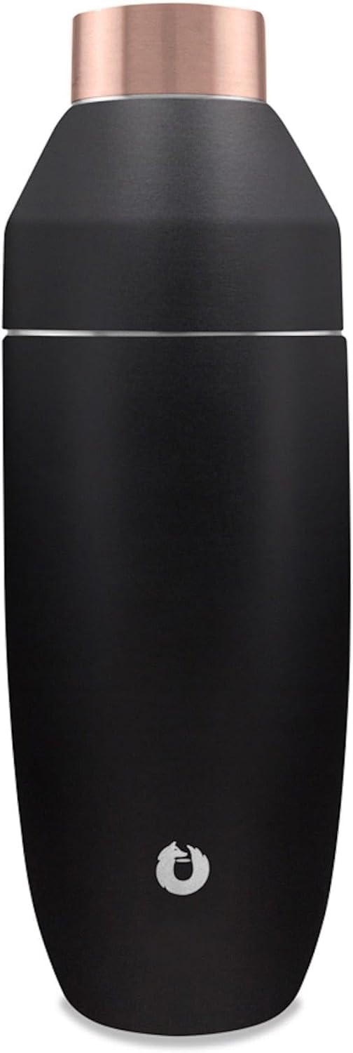 SnowfoxPremium Vacuum Insulated Stainless Steel Cocktail Shaker, Home Bar Accessories, Elegant Drink Mixer, Leak, Proof Lid With Jigger & Built, In Strainer, Black/Gold, 22oz.