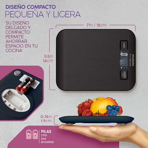 PORTENTUM Peso de Cocina con Pantalla LCD, Acero Inoxidable, Balanza cocina precisa de 1 gramo a 5 kg/11 lbs, Negro - imagen 6