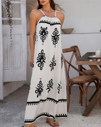 Image of Sulozom Summer Maxi Dresses for Women 2025 Casual Floral Halter Sleeveless Boho Dress Flowy Beach Vacation Outfits