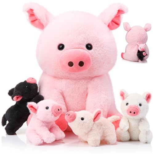 Image of Silipull 5 Pcs Pig Stuffed Animals, 12 Inch Large Plush Mommy Pig with 4 Little Baby in Mother Belly, Gifts for Mothers, Boys and Girls' Graduation Birthday Party Favors(Sitting)