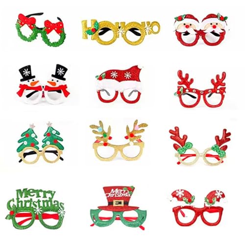 SevenTwoFive 12Pcs Christmas Glasses, Glitter Holiday Party Glasses Frames Christmas Decoration Accessories Costume Eyeglasses for Christmas Parties Holiday Favors (One Size Fits All)