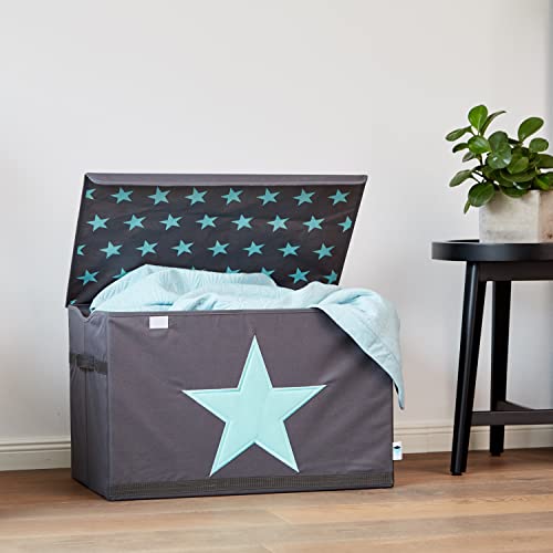 LOVE IT STORE IT Aufbewahrungsbox mit Deckel - Große Spielzeugkiste aus Stoff - Verstärkt mit Holz - Abwaschbar - Grau mit grünem Stern - 62x38x39 cm – Bild 6