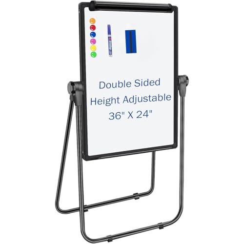 Double-Sided Dry Erase Whiteboard with Stand Height Adjustable Classroom Easel White Board Easel Stand with Flipchart Hook Erase Markers Magnets (90 * 60cm)
