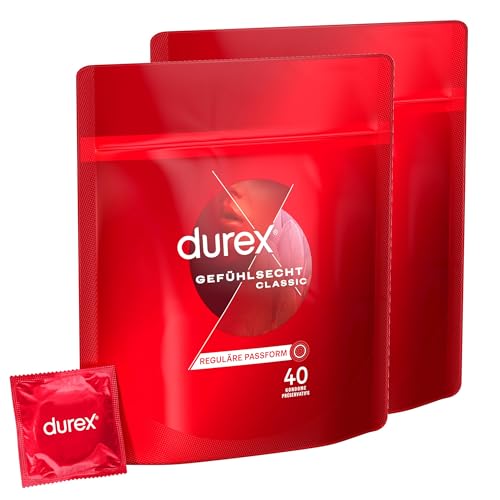 Durex Gefühlsecht Classic Kondome – Perfekter Sitz & leichtes Abrollen – Dünn, befeuchtet, transparent, angenehmer Geruch – 80 Kondome (2 x 40 Stück)