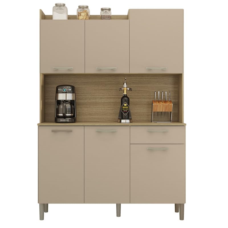 ACTUAL DIFFUSION Buffet de Cuisine 6 Portes 1 Tiroir Chêne et Taupe L 121.5 H 176 P 36.3 cm