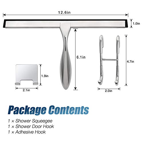 Image of 12-Inch Shower Squeegee Set, Includes Shower Door Hook and Adhesive Hook, Squeegee for Shower Doors, Mirror and Window, Silver (Pack of 3)