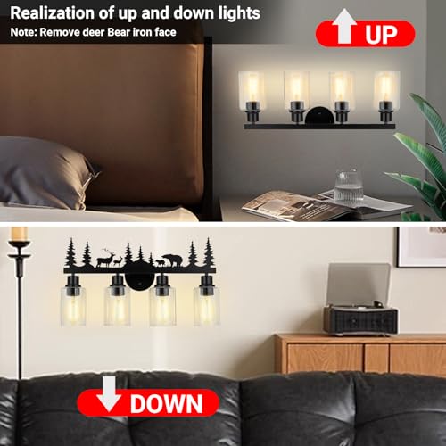 Image of Rustic Bathroom Light Fixtures, 4-Light Farmhouse Vanity Lamp with Deer and Bear Design, Black Wall Lighting with Clear Glass Shade for Bathroom, Hallway, Kitchen, Porch