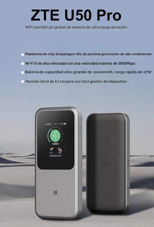 ZTE U50 Pro 5G Router portátil WiFi 6 3600Mbps Hotspot-Router con ranura para tarjeta SIM 10000mAh 27W Carga rápida