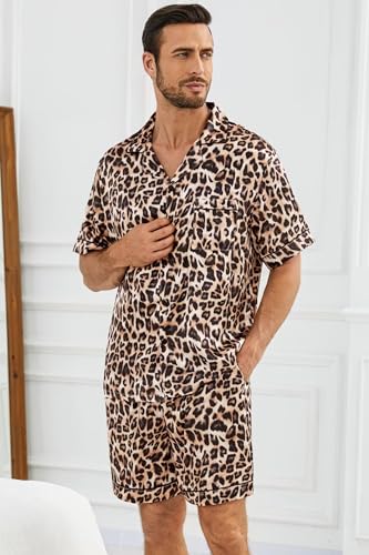 SWOMOG Satin Silk Pajamas Sets for Men short sleeve 2 Piece Button Down Sleepwear mens loungewear sets with pockets2