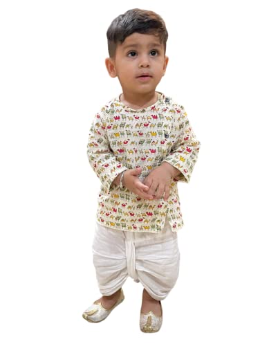 Image of POLKA TOTS Boy's Cotton Full Sleeve Angrakha Kurta with Dhoti Set for Baby Kid, Traditional Ethnic Wear for Kids, Printed Dhoti Kurta Set with Round Neck for Boy's