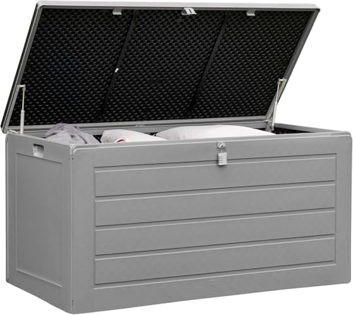 Olsen & Smith 680L Large Garden Storage Box - Weather Resistant Heavy Duty Garden Box with Padlock & Wood Effect - Huge Capacity Outdoor Storage Chest for Tools, Cushions, Toys & More (Anthracite)