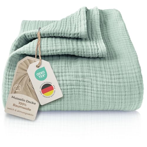 LAYNENBURG Premium Musselin Tagesdecke 220x240 cm XXL - 100% Baumwolle - extraweiche Baumwolldecke als Kuscheldecke Bett-Überwurf Sofa-Überwurf Couch-Überwurf - warme Sofa-Decke (Mintgrün)