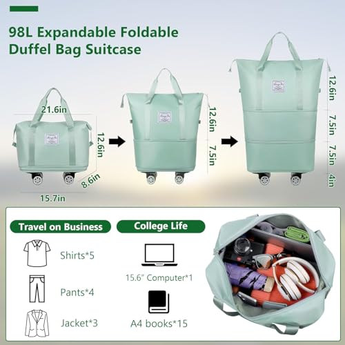 Image of Wheel Bags for Travel Luggage Carry on Duffel Bag, Expandable Foldable Luggage Bag, Dry and Wet Separation Rolling Bag, Travel Totes for Women & Men (1Pcs)(Green)-JE