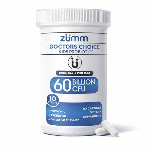 Zumm Health Kids Probiotic 60 Billion CFU 10 Strains with Prebiotics & Digestive Enzymes Buds BLS-3 PRO MAX for Gut & Digestive Support Vegan, Non-GMO, Gluten Free 60 Capsules