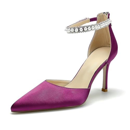 Image of Pointed Toe Pearl Wedding Shoes for Bride White High Heels Satin Bridal Shoes Zipper Back Evening Party Dance Dresses Shoes Pumps for Women