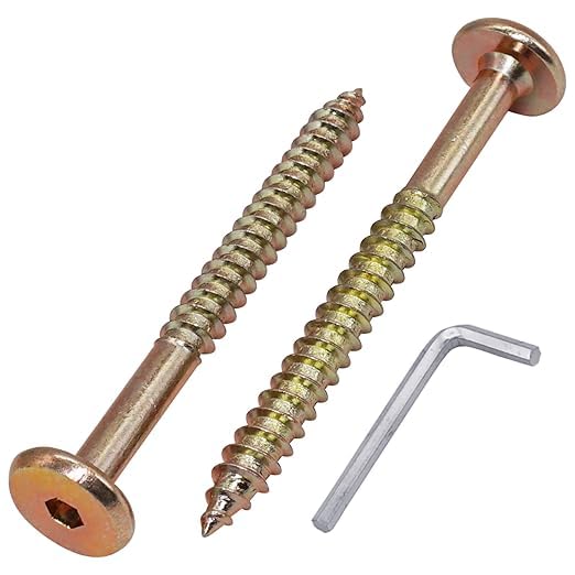 (Pack of 10) Yellow Zinc Plated Hex Socket Head Furniture Connector Bolts 1/4" x 1-9/16" (6.5 x 40 mm), Flat Head Furniture Bolts for Wood, with Hex Key Included
