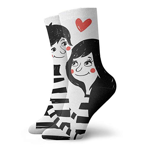 Hipster Fashion Compression Socks,Valentines Day Romantic Young Couple In Love Girl And Boy With Heart,Performance Polyester Cushioned Athletic Crew Socks for Running,Athletic,Black White Red -12 inch