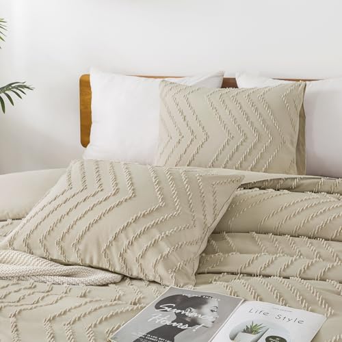 Image of Andency Light Khaki Comforter Set Queen Size, Boho Soft Warm Tufted Bedding Comforter Sets for Queen Size Bed, 3 Pieces Aesthetic Chevron Farmhouse Cute Bohemian Textured Bed Set