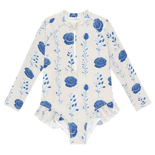 ALAZA Toddler Swimsuit Girl Bathing Suit Swimwear Rash Guard Blue Rose 1 Long Sleeve 3T